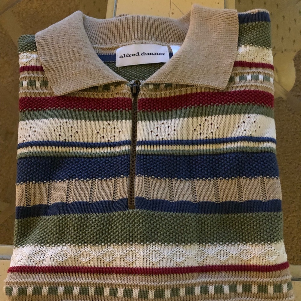 Short sleeve womens sweater, collar, white, blue, Ruby, tan, olive stripes
